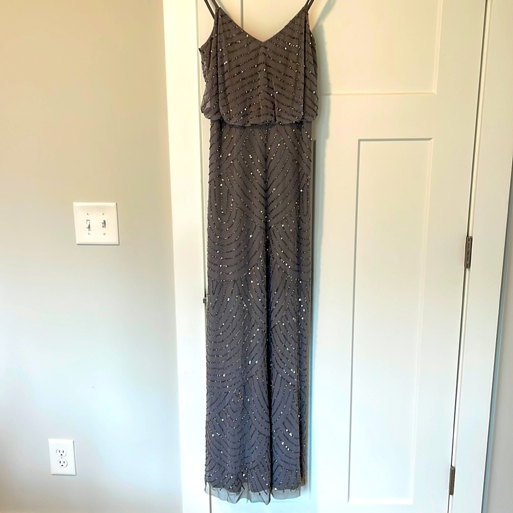 Adrianna Papell Art Deco beaded Blouson Gown size 6 in color Dusty Blue.